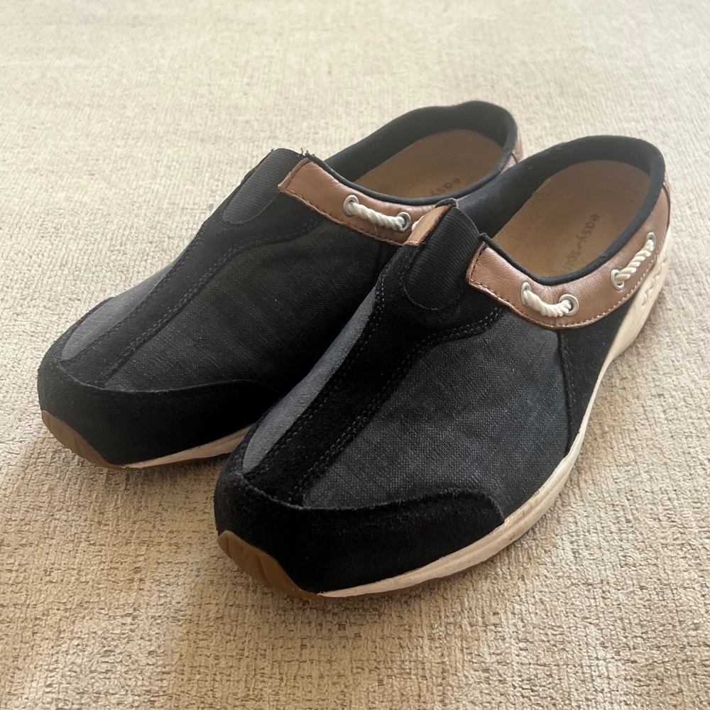 Easy Spirit Womens Black Tan Nautical Boat Shoe Slip On Mules Clogs Size 10M